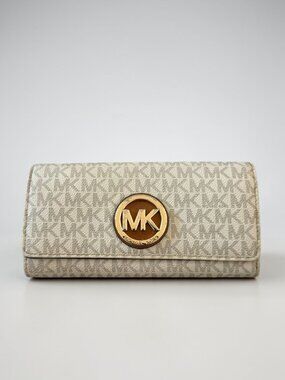 MICHAEL KORS Logo White Gray Snap Leather Wallet